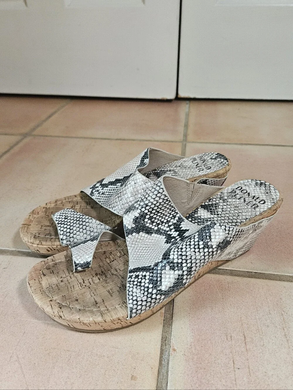 Donald Pliner Gretta Grey Snake Print Cork Wedge Sandals